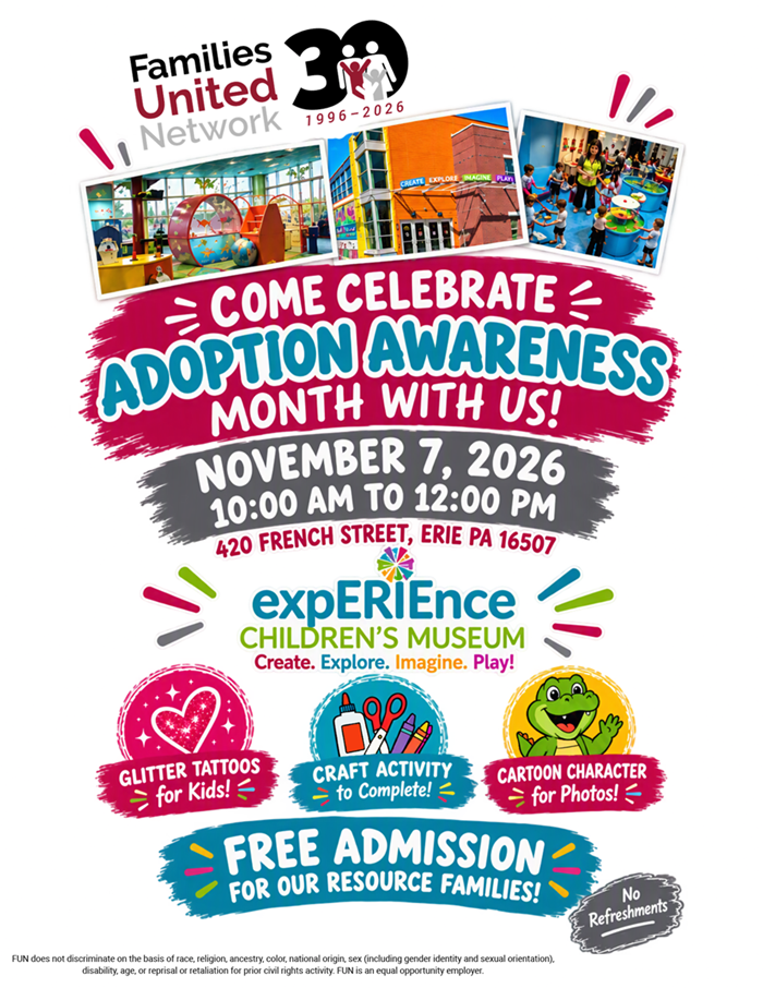 flyer for the adoption awareness event at the experience children's museum