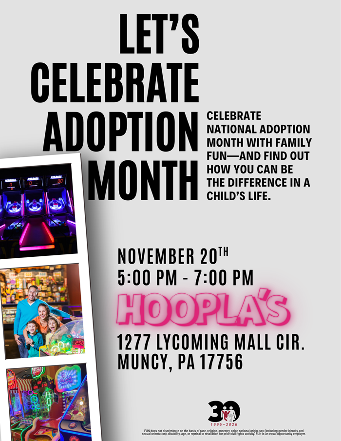 flyer for the hoopla's adoption month celebration event